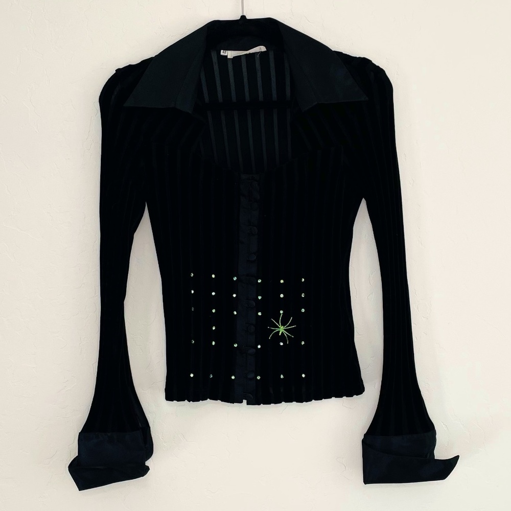 Vintage Made in France Rayure Paris Black Velvet & Sheer Pinstripe Top w Spider
